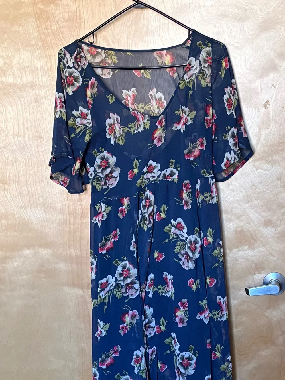 Abercrombie & Fitch Navy Floral Maxi Dress V- Neck, Flutter Sleeves, Waist Tie